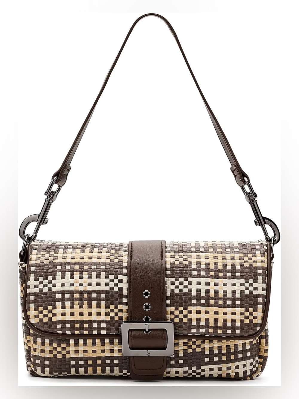 Like New Think Royln Socialite Handbag - Dune Plaid Raffia and Espresso